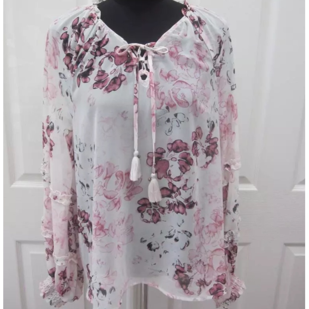 NWT AMERICAN RAG Ivory w/ Pink Flower Print Lace Up Neckline Shirt Top Sz L